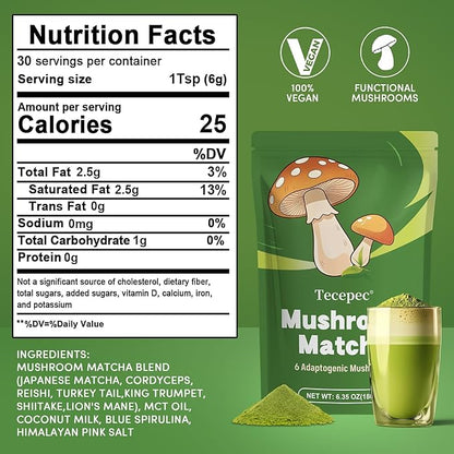 Mushroom Matcha Blend with 6 Adaptogen Mushrooms & Ceremonial-Grade Matcha Powder - Boosts Energy, Focus, Digestion, Immunity (30 Servings)
