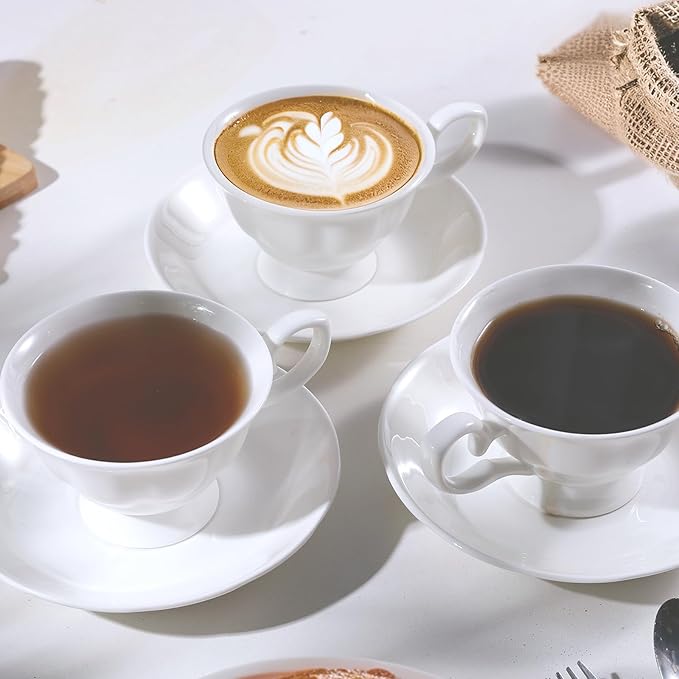 Fine Bone China Coffee Cups with Saucers, Set of 4 Vintage British Royal Style Ceramic Tea Cups, 4 Oz Small Tea Cup and Saucer Set for Afternoon Tea or Gift