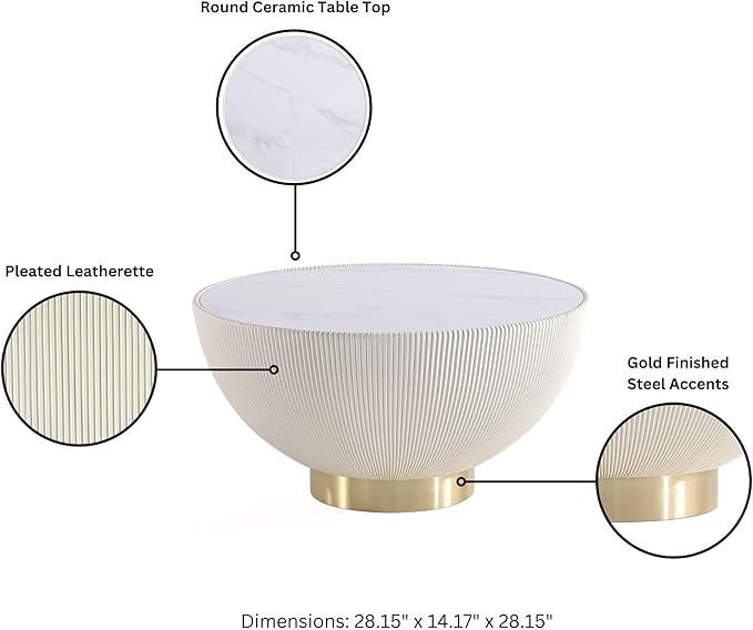 Manhattan Comfort Modern Anderson Coffee Table, 1.0 & 2.0 End Table, Upholstered in Cream Leatherette with Ceramic Faux Tabletop and Gold Metal Tabletop- Set of 3