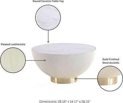 Manhattan Comfort Modern Anderson Coffee Table, 1.0 & 2.0 End Table, Upholstered in Cream and Grey Leatherette with Ceramic Faux Tabletop and Gold Metal Tabletop- Set of 3