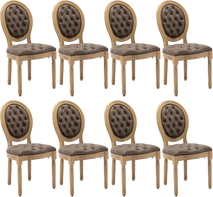 French Country Dining Chairs Set of 8, Vintage Wooden Dining Chairs with PU Leather Upholstered Tufted Seat,Solid Wood Legs&Frame, Farmhouse Kitchen&Living Room Chairs(Brown,8 Pcs)