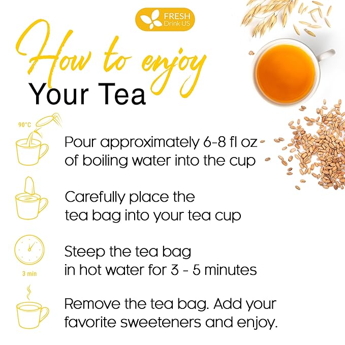 FreshDrinkUS, Premium 50 Barley Tea Bags, 100% Natural & Pure from Barley. Herbal Tea. Made with Natural Material Tea Bags. No Sugar, No Caffeine, No Gluten, Vegan.