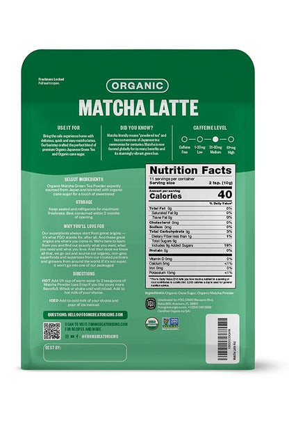 FGO Organic Matcha Latte Powder, 4 Ounce Resealable Bag, Japanese Matcha with Organic Cane Sugar, Lightly Sweetened, Packaging May Vary (Pack of 1)