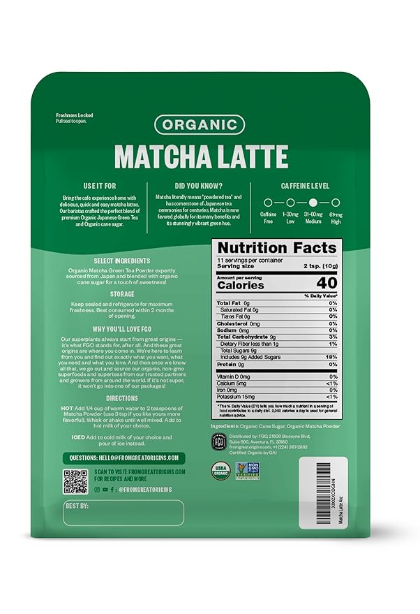 FGO Organic Matcha Latte Powder, 4 Ounce Resealable Bag, Japanese Matcha with Organic Cane Sugar, Lightly Sweetened, Packaging May Vary (Pack of 1)