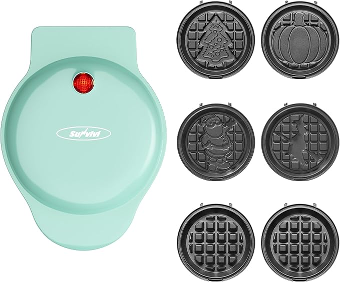 6 in 1 Mini Waffle Maker: 4” Waffle Iron with Removable Non-stick Plates, Perfect Mini Waffle Maker for Kids and Families, Light Blue