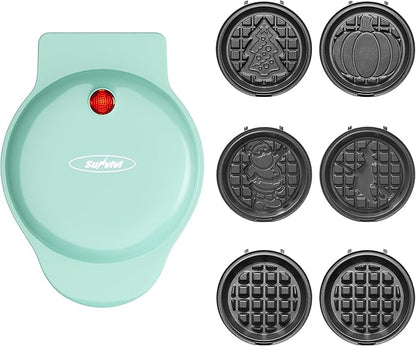 6 in 1 Mini Waffle Maker: 4” Waffle Iron with Removable Non-stick Plates, Perfect Mini Waffle Maker for Kids and Families, Light Blue