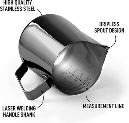 Zulay Milk Frother Cup 350ml/600ml/950ml (12oz/20oz/32oz) - Stainless Steel Frothing Pitcher With Laser-Welded Handle & Precise Measurement Markings - Black - 12oz