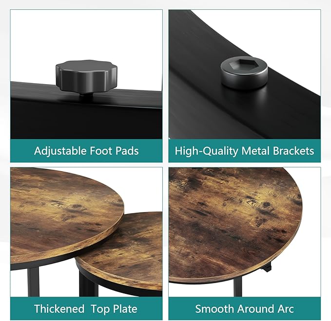 Smuxee Nesting Coffee Table Set of 2, 23.6" Round Coffee Table Rustic Wood Top with Adjustable Non-Slip Feet, Industrial End Table Side Tables for Living Room Bedroom Balcony Yard