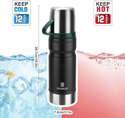 Vacuum Insulated Water Bottle Thermo Water Flask with Cup 680ml/23oz Stainless Steel Thermal Water Bottles Thermo for Hot and Cold Drinks Coffee Water(Black,Set)