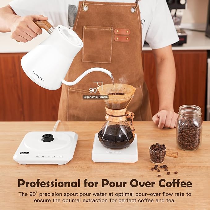 ECORELAX Gooseneck Electric Kettle, ±1℉ Temperature Control Pour Over Kettle for Coffee, Tea & Water, Stainless Steel 1200 W Keep Warm OLED Display 1 L (White)