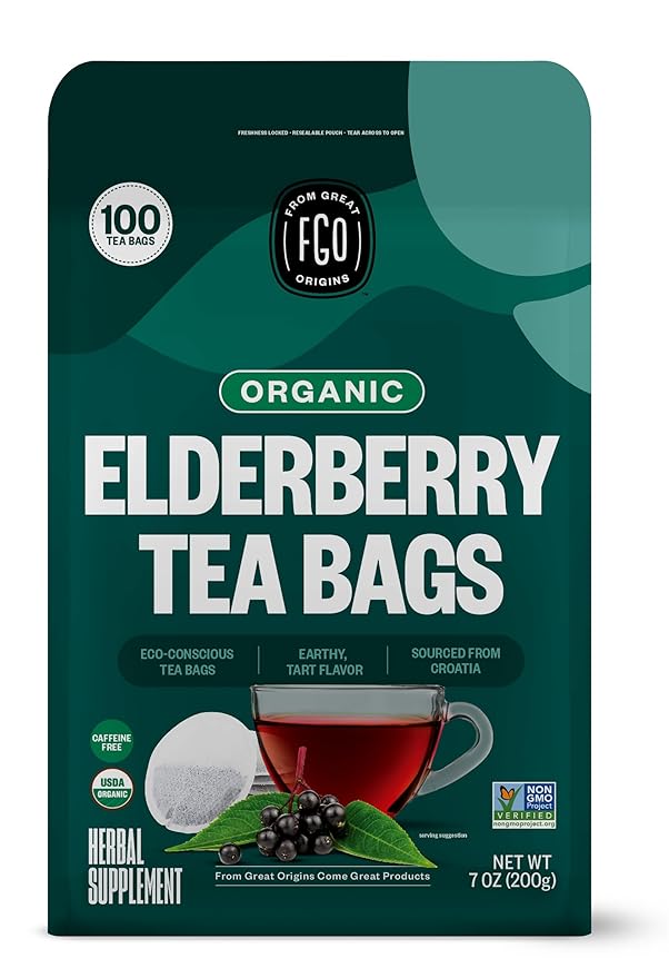FGO Organic Elderberry Tea, 100 Count, Eco-Conscious Herbal Tea Bags, Resealabel Bag, Caffeine Free, Packaging May Vary (Pack of 1)