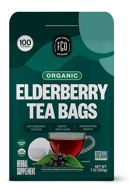 FGO Organic Elderberry Tea, 100 Count, Eco-Conscious Herbal Tea Bags, Resealabel Bag, Caffeine Free, Packaging May Vary (Pack of 1)