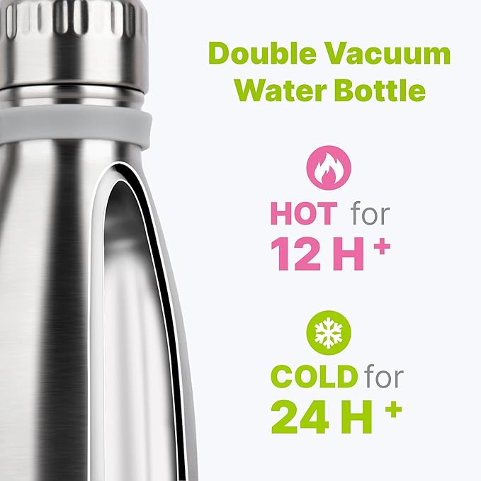 12 oz Water Bottle Stainless Steel Double Wall Vacuum Insulated Sports Water Bottle for Kids, Small Mini Cola Shape Water Flask Leak Proof (Black-Silver)