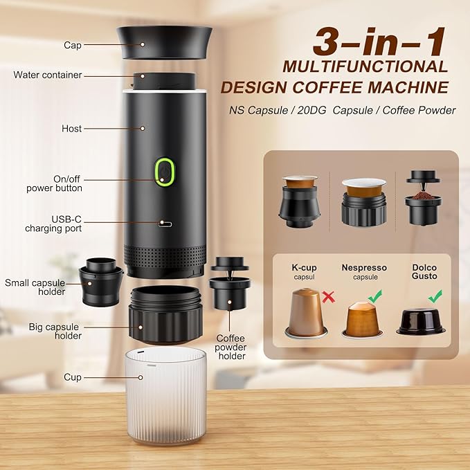 Portable Electric Espresso Maker, 20 bar Mini Travel Coffee maker, Expresso Coffee Machines with USB-C,3-in-1 Car Coffee Maker Self-Heating, Ground Coffee & Capsule(Ns&DG) for Office, Camping, RV