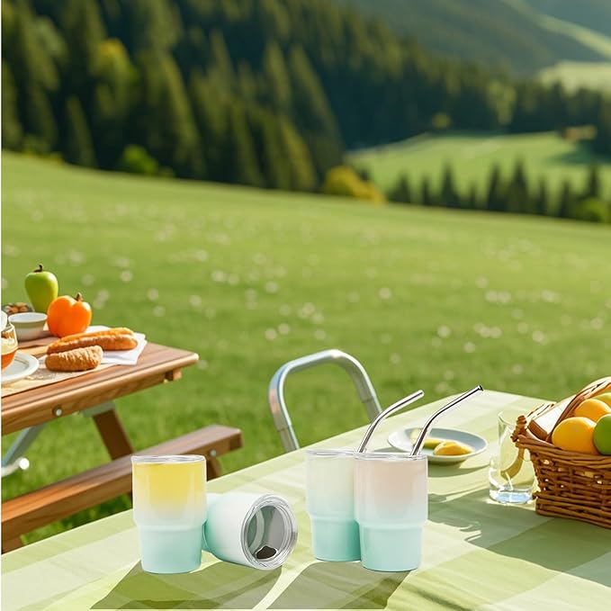 6 Pack 3 oz Sublimation Mini Tumbler Shot Glass with Straw and Lid, Gradient Color Insulated Stainless Steel Mini Tumblers Cups for Beach Birthday Wedding Parties, DIY Customizable Party Gift