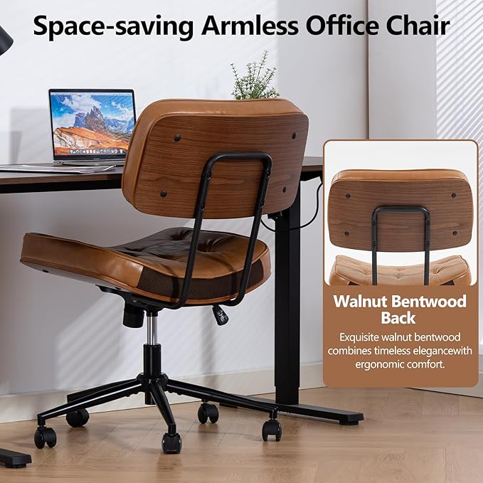 Armless Office Chair with Wheels, Adjustable Height Desk Chair Leather Swivel Computer Chair, Modern Walnut Office Side Chair for Meeting Room Office, Brown