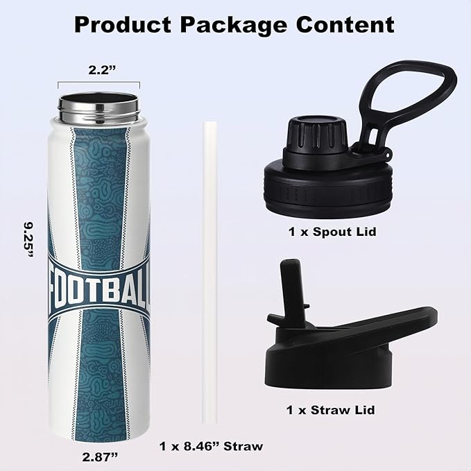 Football Water Bottle, 24 oz Insulated Stainless Steel Sports Bottle with Straw, Football Stuff Gifts for Boys