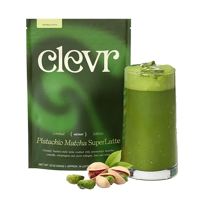Clevr Blends Pistachio Matcha SuperLatte, Organic Ceremonial Grade, Instant Superfood Powder Blend with Lions Mane, Reishi Mushroom, Coconut Cream, Oat Milk, Ashwagandha, Serve Hot or Iced (14 Lattes)