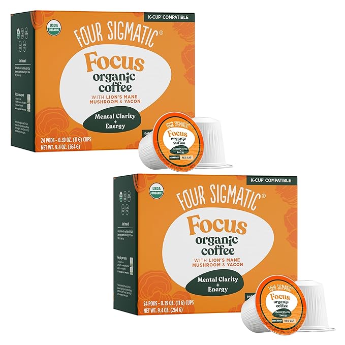 Four Sigmatic Mushroom Coffee K-Cups | Organic Dark Roast Coffee with Lion’s Mane & Yacon | Focus & Immune Support | Vegan & Keto | Sustainable Pods | 48 Count