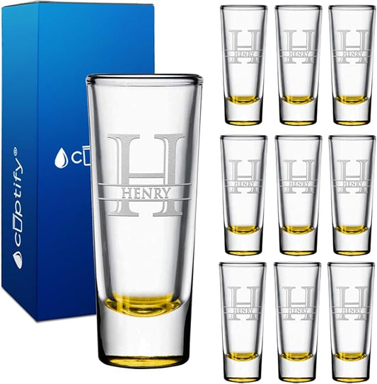 Personalized Shot Glasses Set of 10 Yellow Bottom Custom 2 oz Cordial Shot Glass Initial and Name for Gifts, Weddings, Birthdays, Party, Event, Decorations