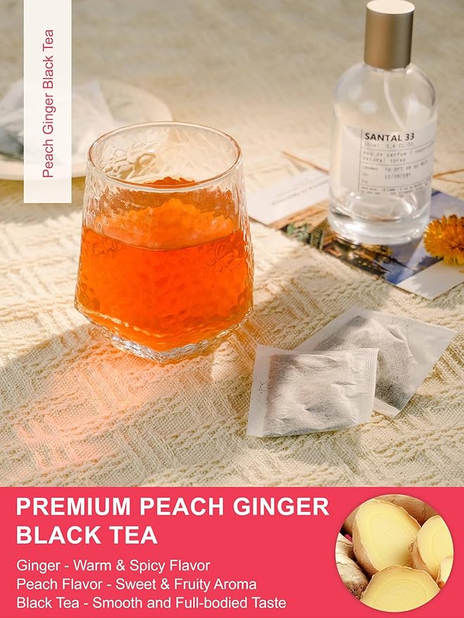 TeeLux Peach Ginger Black Tea, Mellow Black Tea with Spicy Ginger & Peach Flavor, Caffeinated, 100 Count