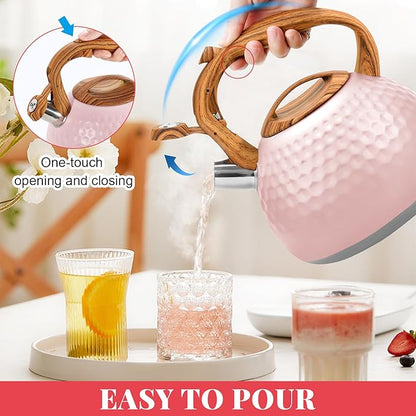 GGC Tea Kettle for Stove Top, Loud Whistling Kettle for Boiling Water Coffee or Milk, 3.1 Quart 3L Heavy Stainless Steel Pink Kettles with Wood Pattern Handle, Unique Button Control Kettle Outle