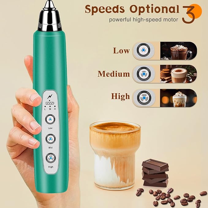 Milk Frother Handheld Rechargeable, Frother Wand Drink Mixer Electric Whisk for Coffee, Detachable With 3 Stainless Whisks, Hand Mixer for Lattes, Cappuccino, Matcha, Egg, No Stand, Green