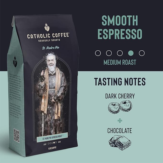 Catholic Coffee Padre Pio | Medium/Dark Roast Whole Bean Coffee – Dark Cherry & Chocolate Notes | 12oz Bag – Catholic Gift Inspired by a Mystic and Healer