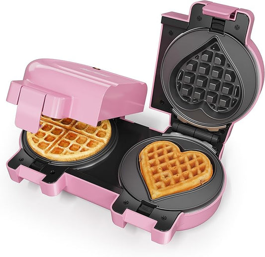 Double Waffle Maker Featuring Dual Removable Nonstick Plates, One-Button Single or Dual-Side Operation, Rapid Preheating with Dual Indicator Lights, Easy-to-Clean and Durable Design,Pink