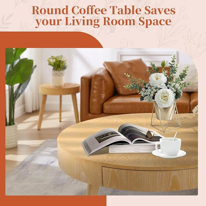 Round Wood Coffee Table for Living Room, Modern Farmhouse with Drawer, Solid Boho Circle Table with 4.5” Thick Tabletop, 31.5" L x 31.5" W x 15.87" H