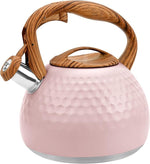Load image into Gallery viewer, GGC Tea Kettle for Stove Top, Loud Whistling Kettle for Boiling Water Coffee or Milk, 3.1 Quart 3L Heavy Stainless Steel Pink Kettles with Wood Pattern Handle, Unique Button Control Kettle Outle