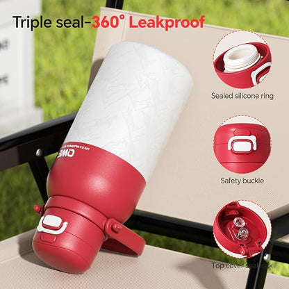 QWE Large Insulated Water Bottle with Straw&Lids,1200ml/40oz Vacuum Sealed Sport Bottles,Double Drinking,Stainless Steel Tumbler with Handle,LeakProof,BPA-Free,for Hiking,Gym,camp (Morden Red)