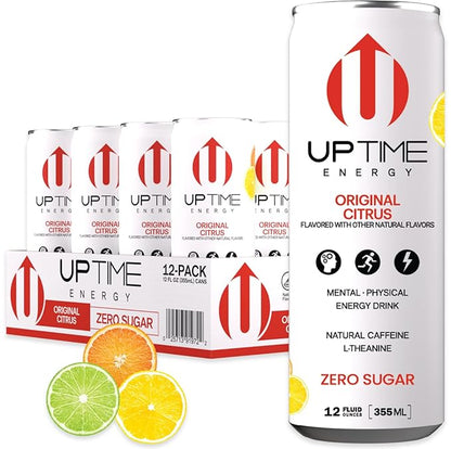 UPTIME Energy Drink, Original Citrus Sparkling, 12 Pack, Vitamin C, L Theanine, Calcium, Sugar Free Energy Drinks for Focus Support, 142mg of Natural Caffeine, 5 Calories, Clean, Natural, 12 fl oz Cans
