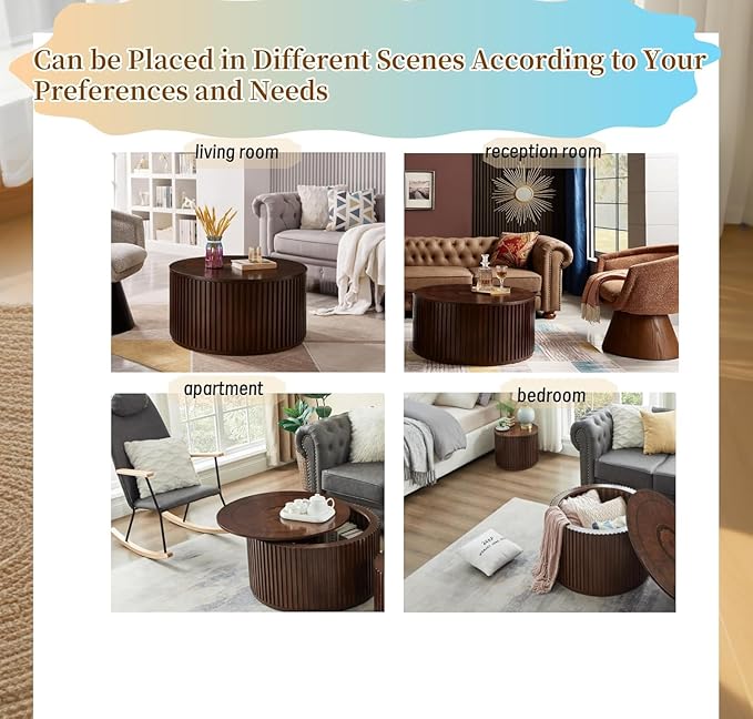 Round Wood Coffee Table for Living Room, Modern Circle Table with Removable Lid, Rustic Drum Table for Reception Room, No Need Assembly (31x31x16 in)