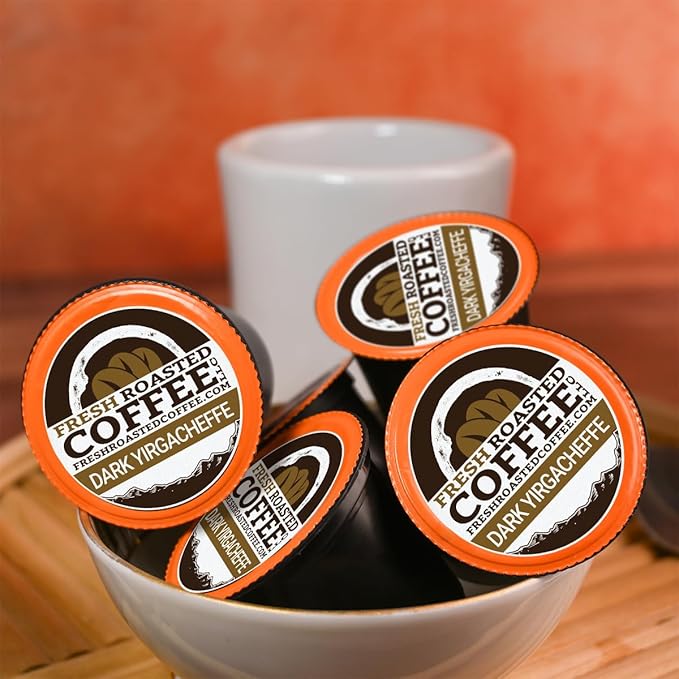 Fresh Roasted Coffee, Dark Ethiopian Yirgacheffe Kochere, Dark Roast, 72 Pods for K Cup Brewers