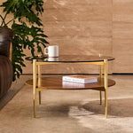 Load image into Gallery viewer, AGV LIGHTING Round Glass Coffee Table, Mid-Century Modern Coffee Table for Living Room, Glod Coffee Table, Amber Glass Top &amp; Walnut Wood Shelf