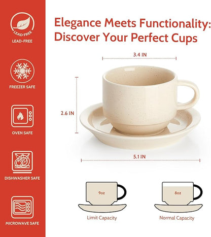 Sweese 8oz Porcelain Cappuccino Cups Set with Saucers, Metal Stand - Stackable, Durable for Coffee, Latte, Tea - Beige, 4 Pack