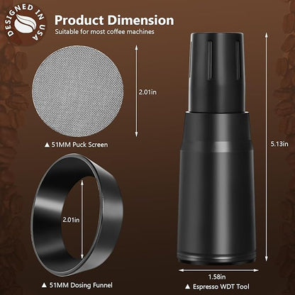 WDT Tool Espresso Distributor Accessory kit &1.7mm Thickness 150μm Mesh Puck Screen & 8 Magnets dosing ring Compatible with Portafilter (WDT +51MM Black dosing ring&puck screen)