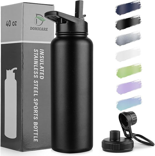 DOMICARE 40 oz Insulated Water Bottle, Vacuum Insulated Stainless Steel Sports Water Bottle with Straw Lid & Spout Lid, Leakproof, Reusable - Travel, Camping, Bike, Black