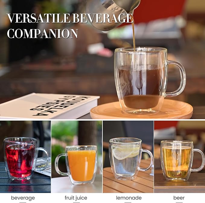 YUNCANG Double Wall Coffee Mugs, (4-Pcak) 16 Ounces-Clear Glass with Handle,lnsulated,Cappuccino,Tea,LatteCups,Beverage Glasses Heat Resistant