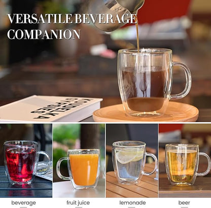 YUNCANG Double Wall Coffee Mugs, (4-Pcak) 16 Ounces-Clear Glass with Handle,lnsulated,Cappuccino,Tea,LatteCups,Beverage Glasses Heat Resistant