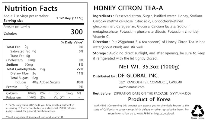 Damtuh Korean Honey Citron Tea 2.2lb (35.27 fl oz) – Traditional Yuzu Yuja Marmalade Preserve, Authentic Korean Fruit Honey Tea