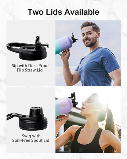 Trebo 64oz Water Bottle Insulated with Straw Lids,Half Gallon Double Wall Vacuum Stainless Steel Metal Large Jug with Handle,Wide Mouth Flask Mug with Carry Pouch,Keep Cold Hot,Ombre: Purple Green