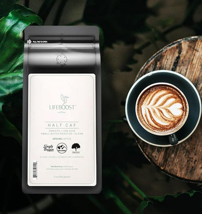 Lifeboost Coffee Half Caff Ground Coffee - Low Acid Single Origin USDA Organic Coffee - Non-GMO Ground Coffee Third Party Tested For Mycotoxins & Pesticides - 12 Ounces