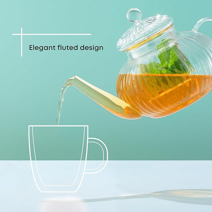 JoyJolt Fluted Glass Teapot Set 34oz, Stovetop Safe Tea Kettle, Borosilicate Clear Kettle with Removable Glass Infuser, Blooming and Loose Leaf Tea Maker and Brewer