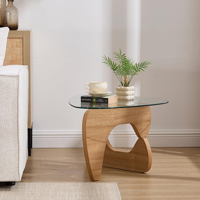 Modern Noguchi Coffee Table, Triangle Coffee Table with Tempered Glass Modern Vintage Glass Tea Table Wood Glass Accent Center Table for Living Room, 22.5"x32.5"x16", Log Transparent