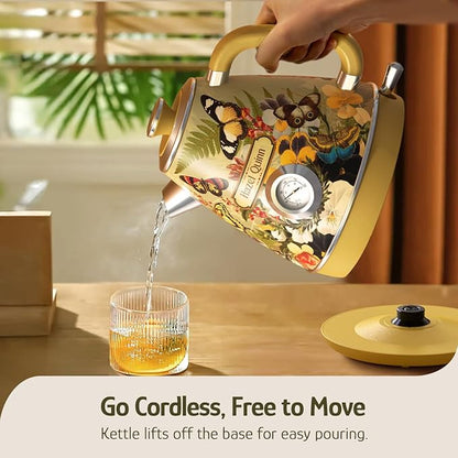 Hazel Quinn X Eduardo Recife Electric Kettle - 1200W Fast Water Boiling, 1.7L/57oz, All 304 Stainless Steel Interior, BPA-Free, Auto Shut-Off, Cordless Retro Teapot with Thermometer - Floral Patterned