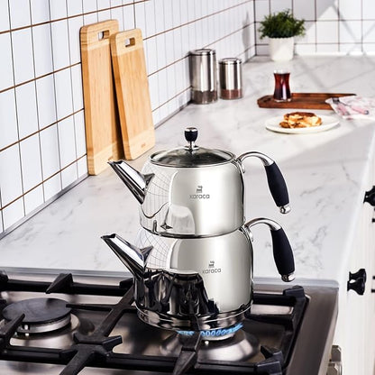 Karaca Stella Stainless Steel Turkish Teapot Set XL, 1L Tea Pot & 2L Water Tank (Kettle), Stove Top/Induction Compatible, Elegant Silver Color, Easy to Clean, Heat-Resistant Handles