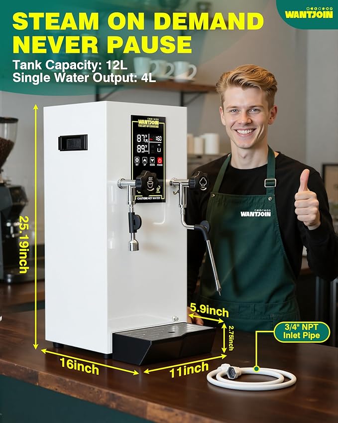 WantJoin Commercial Milk Frother - 1800W Milk Steamer, Hot Water Dispenser, Beverage Heater for Latte, Cappuccino, Coffee, Milk Tea, LED Display, Hotel Use (While)