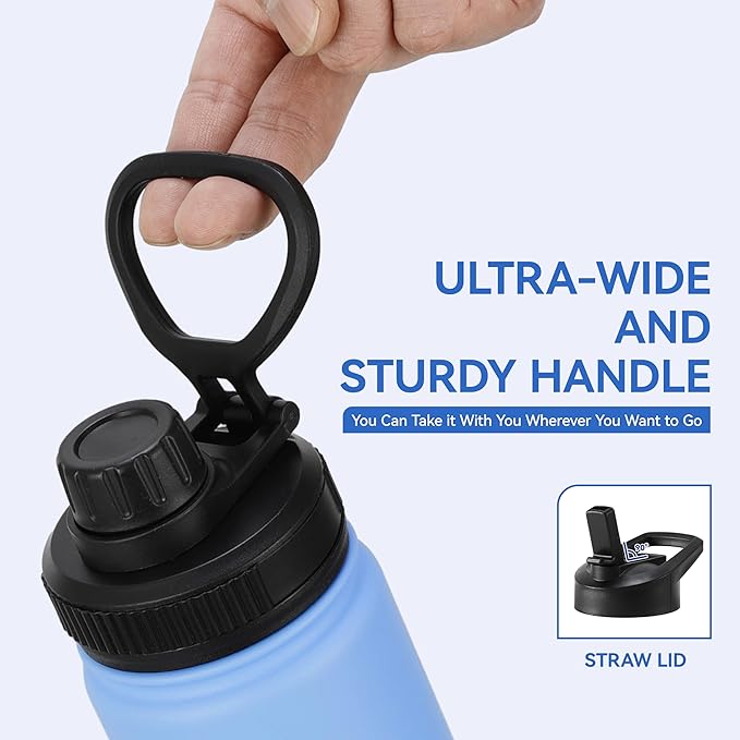 DOMICARE 16 oz Water Bottle for School Stainless Steel Double Wall Vacuum Insulated Water Bottle with Straw lids & Spout Lid, Leakproof BPA Free (Blue/Pink,4)